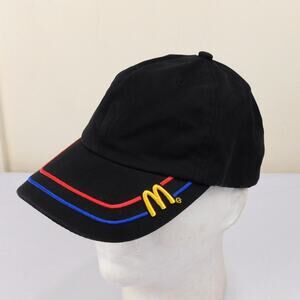 Vintage McDonald's Uniform Hat Cap Black Crown Blue Red Striped Brim Y2K
